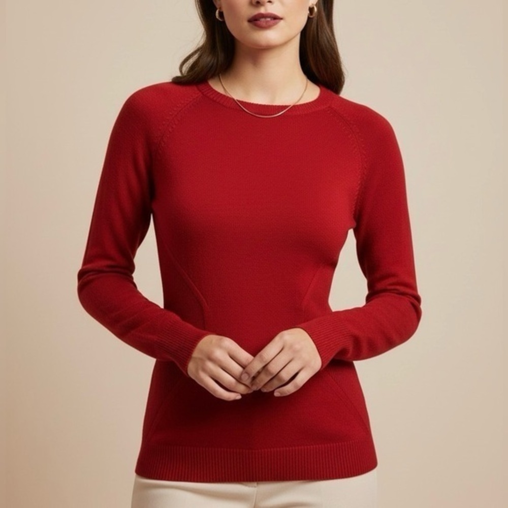 CARLISLE Vintage Red Silk Blend Ribbed Panel Fitted Hourglass Pullover Sweater